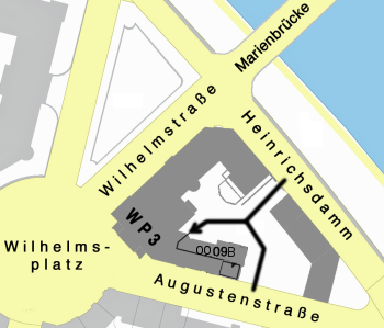 Plan zum Auffinden des Seminarraums, Raumnummer WP3 00/09B Wilhelmsplatz 3